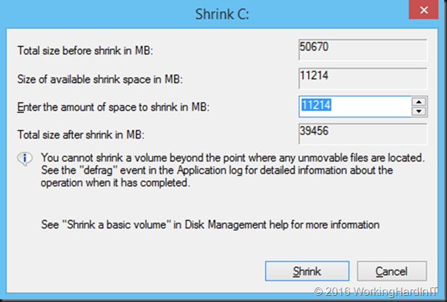 unable to shrink volume windows 10