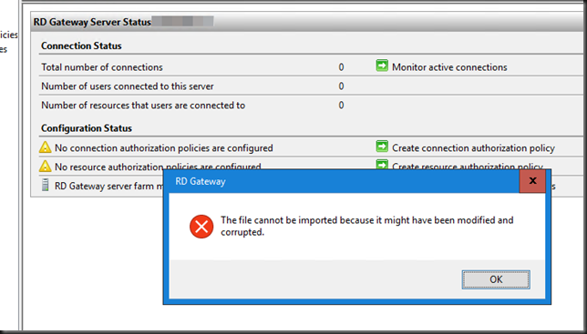 Import of RD Gateway configuration file with policies referencing local resources wipes all policies clean!