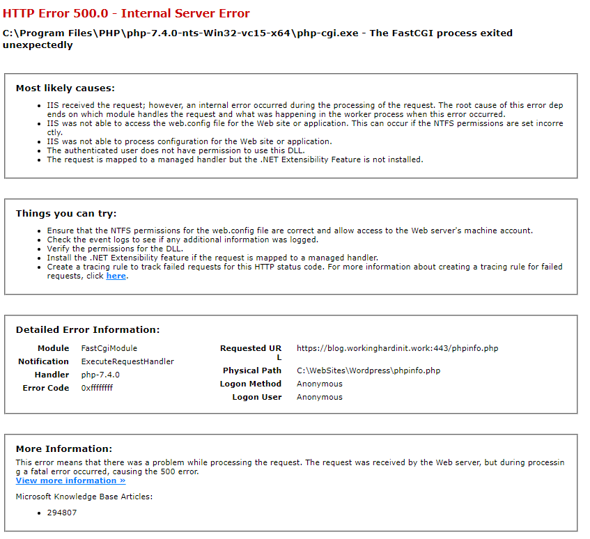 Resolve the 500 Internal Server Error for PHP 7.4 with IIS on Windows Server