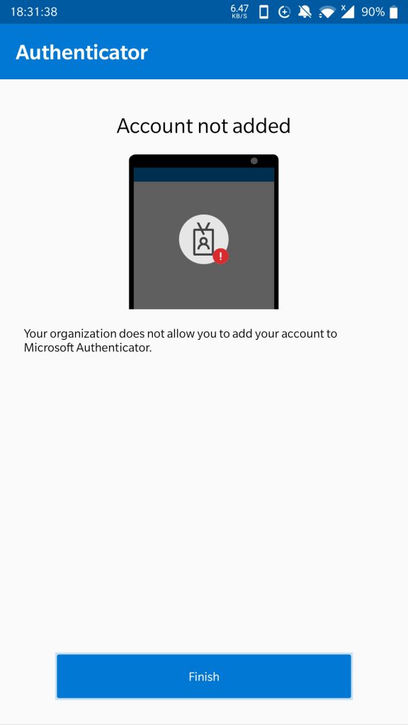 Your organization does not allow you to add your account to Microsoft Authenticator